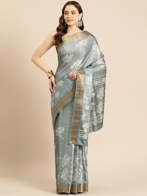 silk land grey silk floral print saree with unstitched blouse