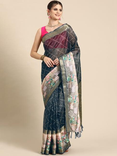 silk land grey silk printed saree with blouse