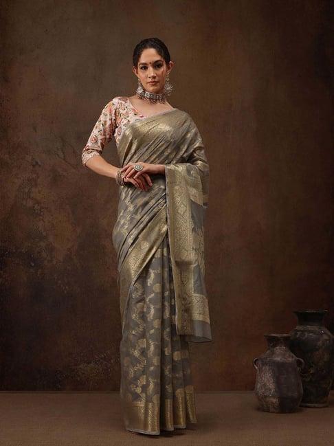 silk land grey woven saree with unstitched blouse