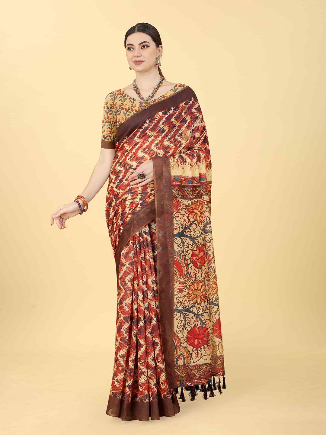 silk land kalamkari digital printed chanderi saree with tassled border