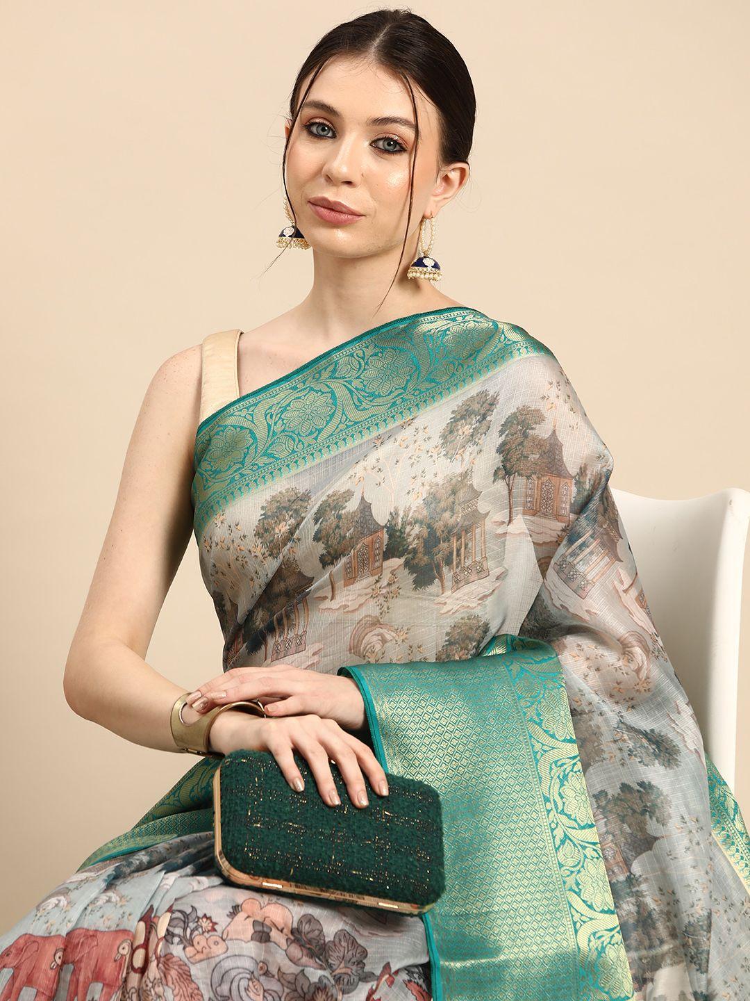 silk land kalamkari printed zari muga saree