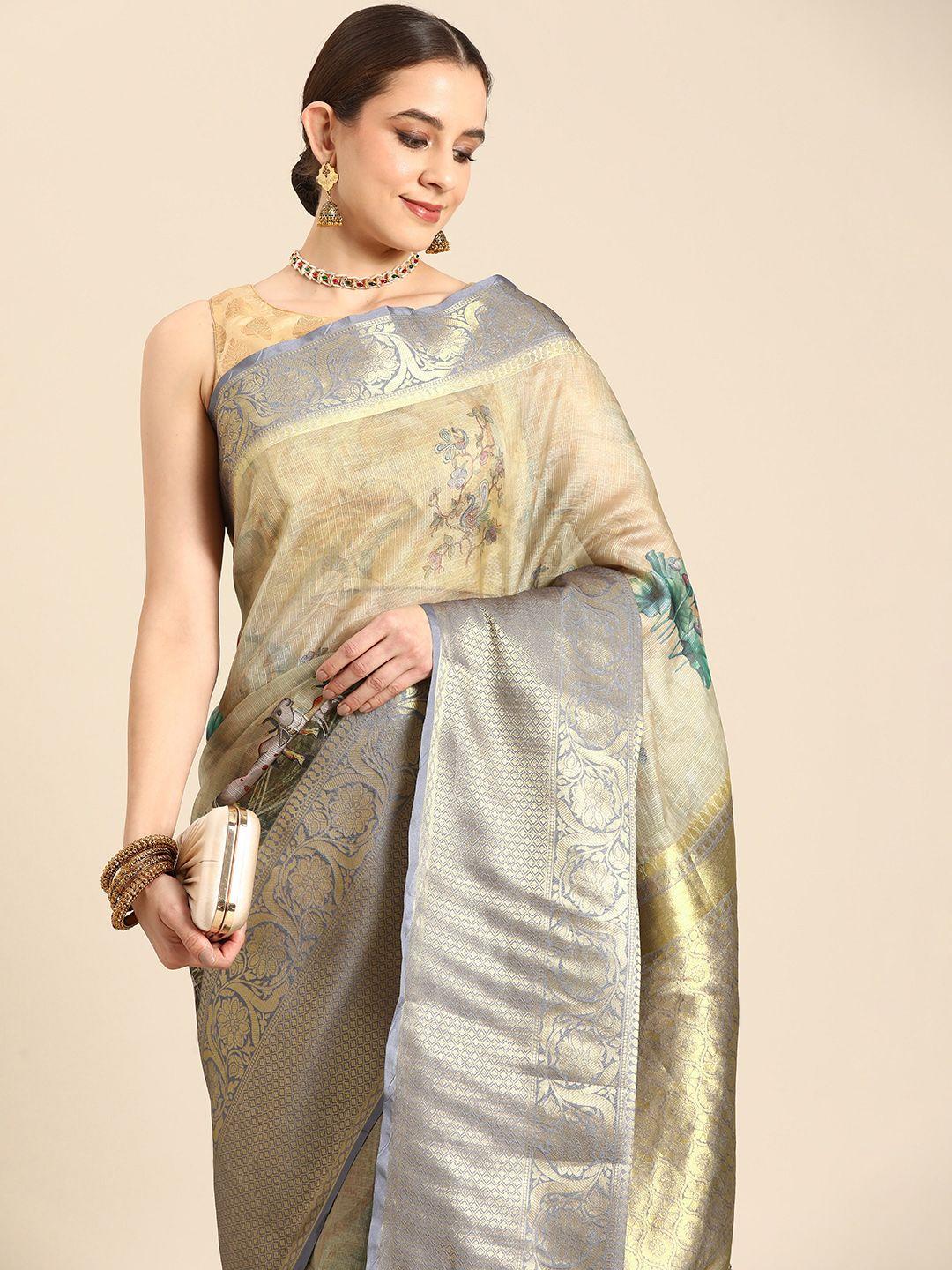 silk land kalamkari printed zari pichwai muga silk saree