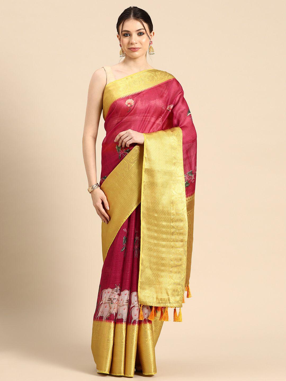 silk land kalamkari printed zari pichwai muga silk saree