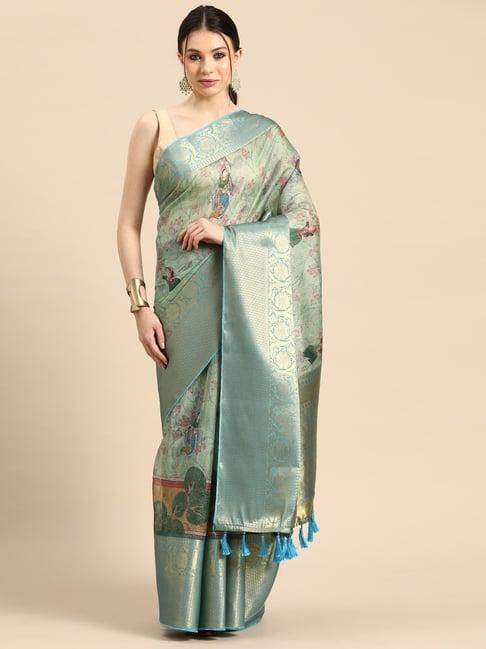 silk land light green printed saree with unstitched blouse