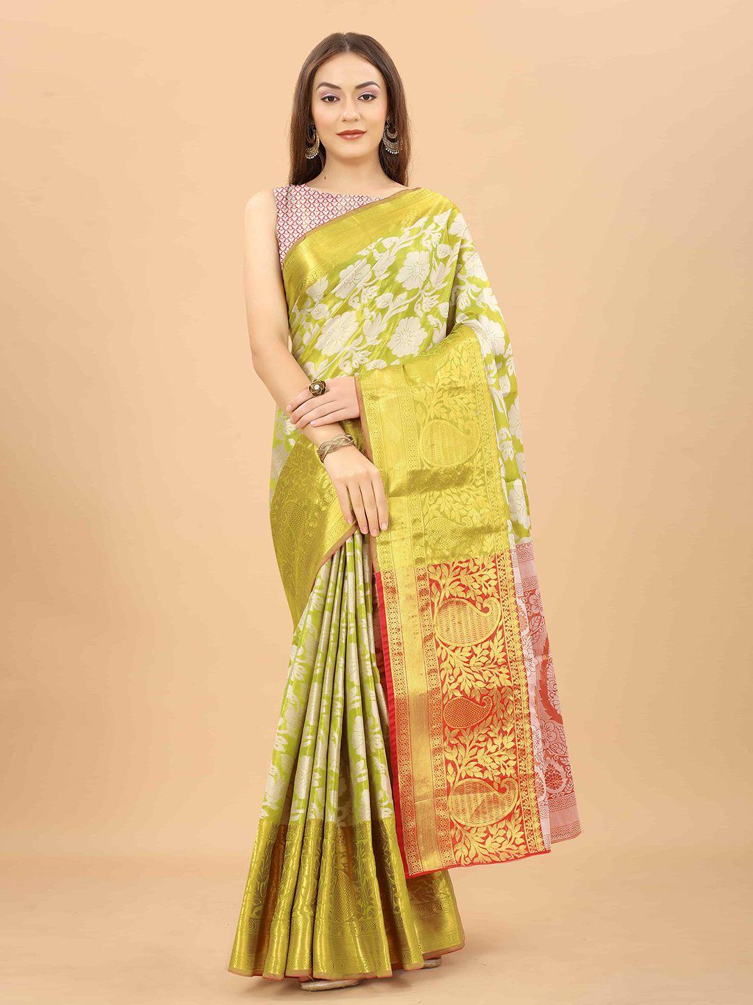 silk land lime green & red floral zari tissue heavy work kanjeevaram saree