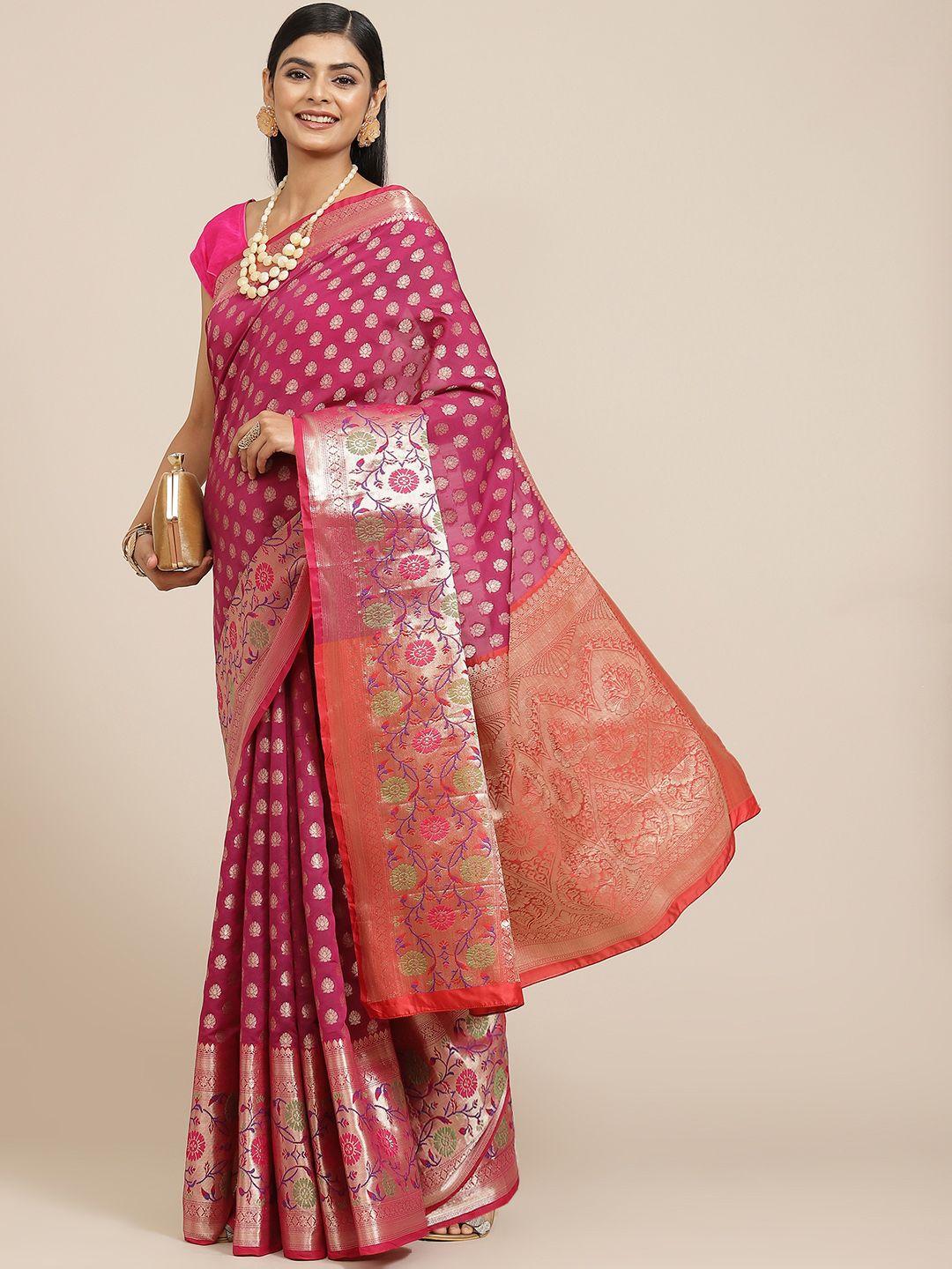 silk land magenta & gold-toned ethnic motifs zari pure silk kanjeevaram saree