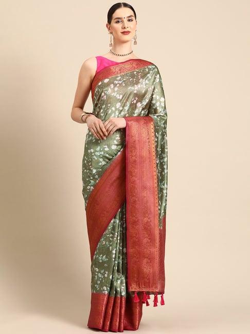 silk land mahendi green silk floral saree with unstitched blouse