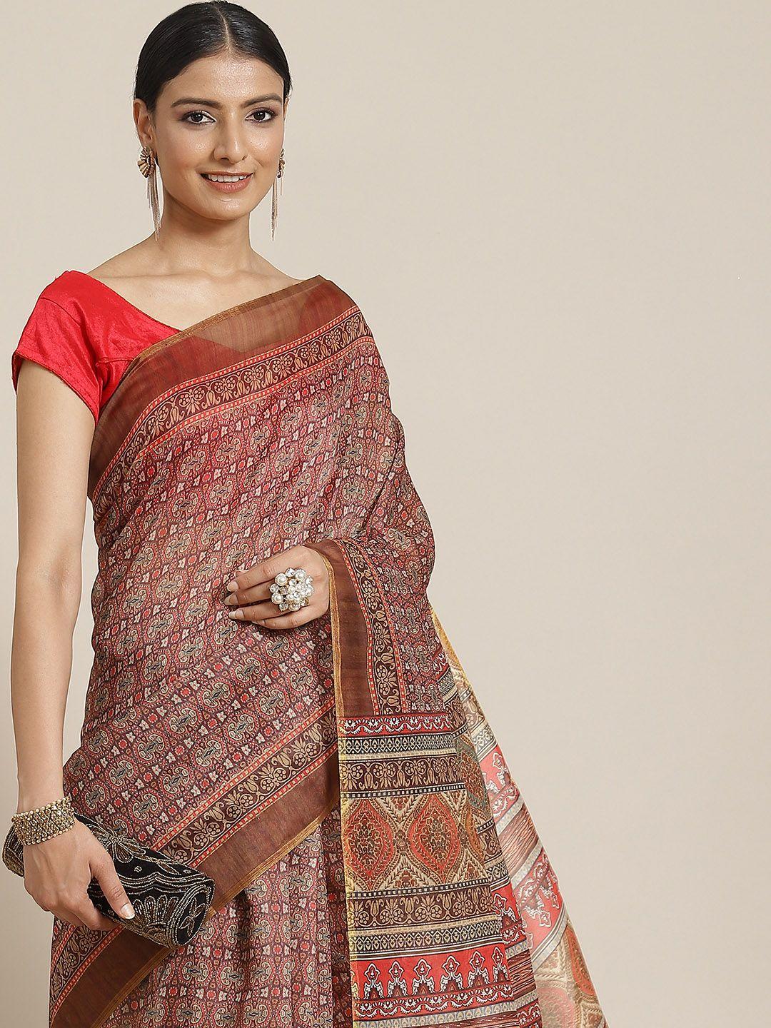 silk land maroon & beige kalamkari block print saree