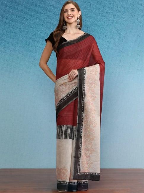 silk land maroon & beige printed saree with unstitched blouse