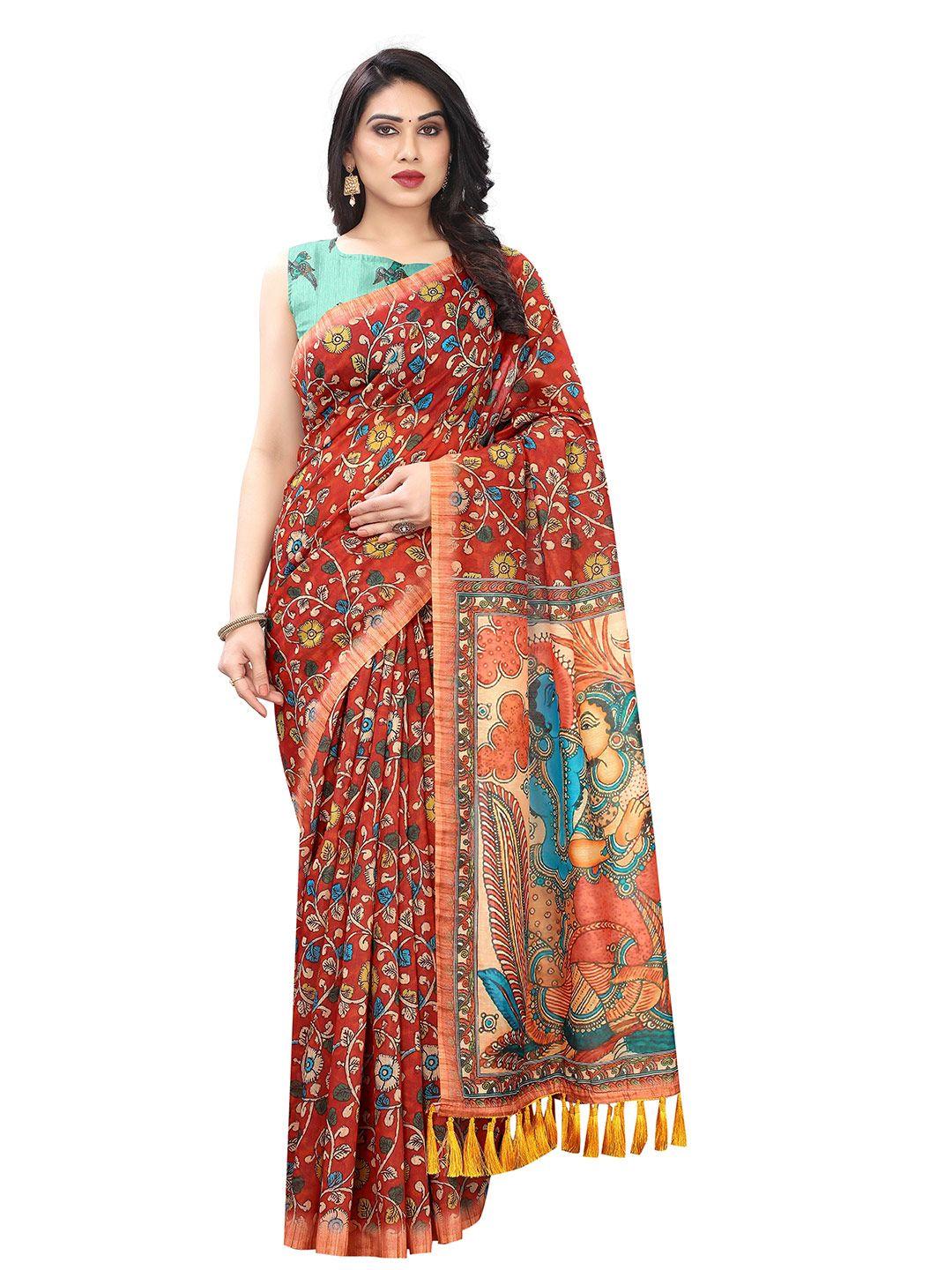 silk land maroon & blue kalamkari pure cotton saree