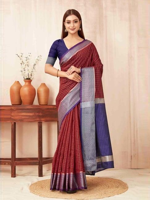 silk land maroon & blue silk woven saree with unstitched blouse