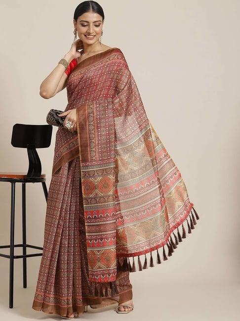 silk land maroon printed saree with unstitched blouse