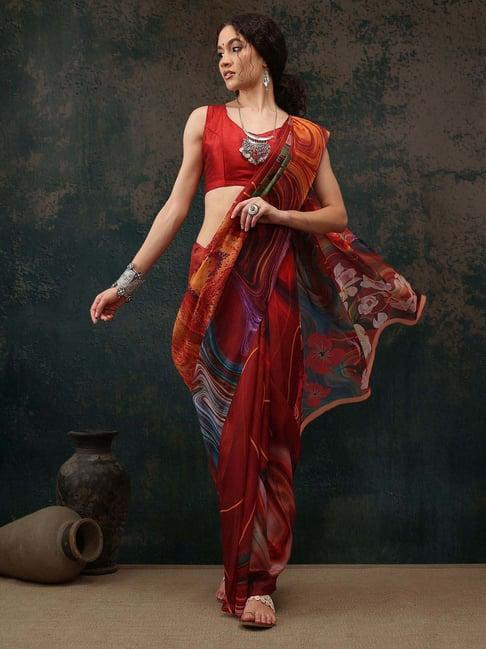 silk land maroon printed saree with unstitched blouse