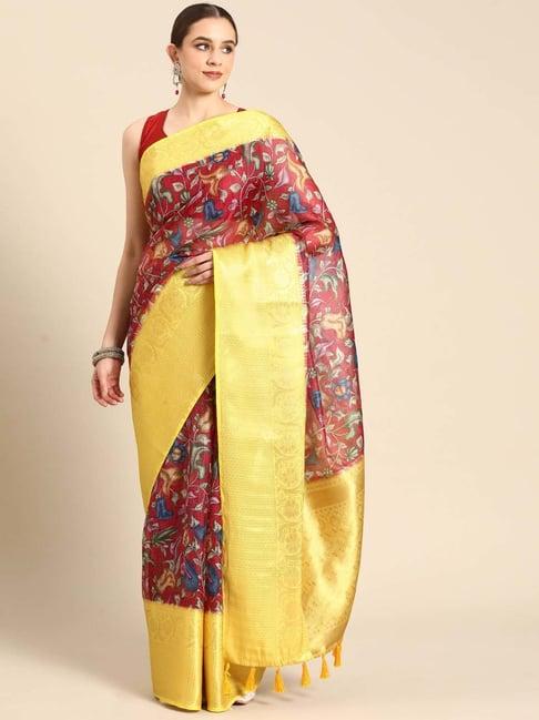 silk land maroon silk floral print saree with unstitched blouse