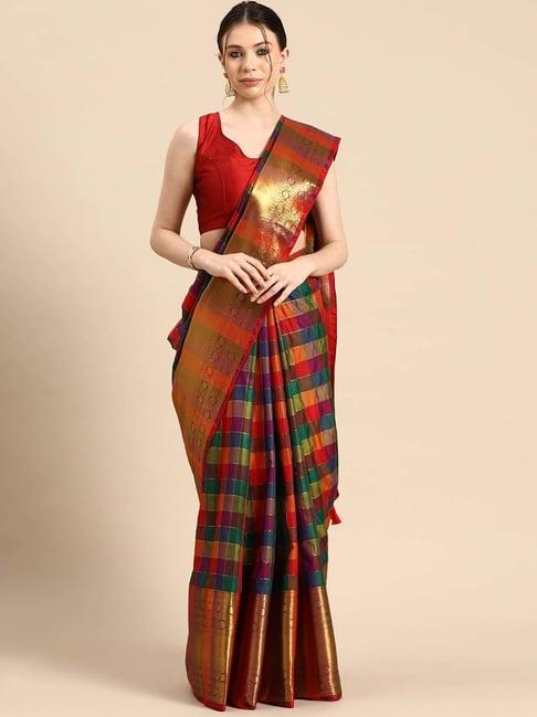 silk land multicolor check saree with unstitched blouse