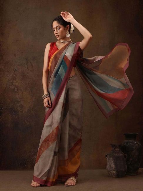 silk land multicolored printed saree with unstitched blouse