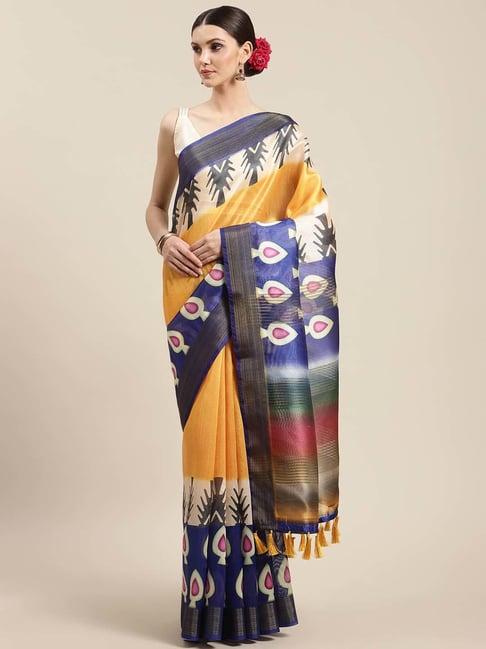 silk land mustard & blue printed saree with unstitched blouse