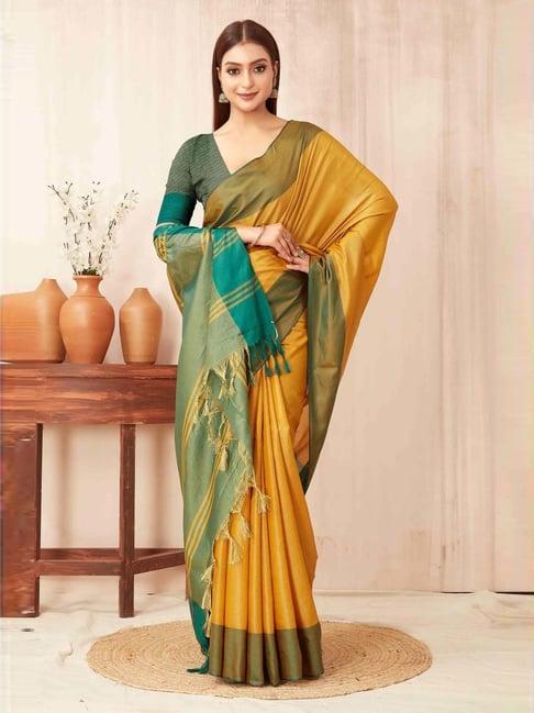 silk land mustard & green woven saree with unstitched blouse