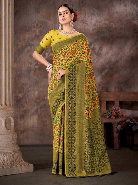 silk land mustard embroidered saree with unstitched blouse