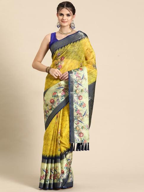 silk land mustard silk floral print saree with blouse