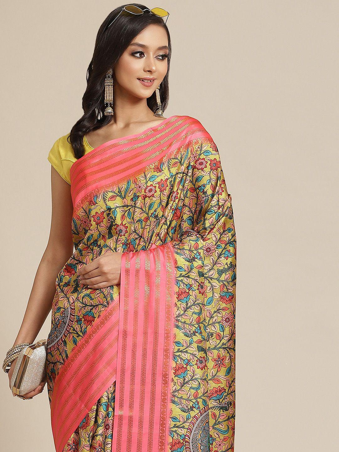 silk land mustard yellow & peach-coloured ethnic motifs zari art silk banarasi saree