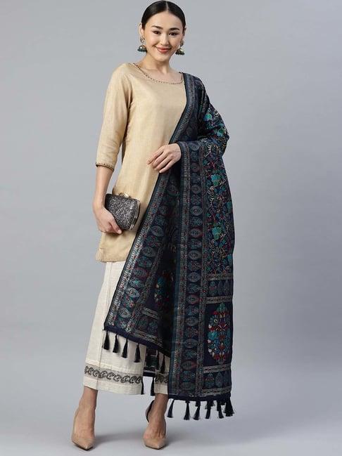 silk land navy & green cotton woven pattern dupatta