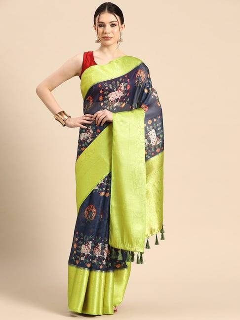 silk land navy & green printed saree with unstitched blouse