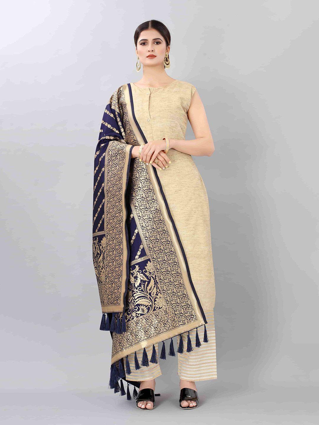 silk land navy blue & gold-toned woven design art silk dupatta with zari