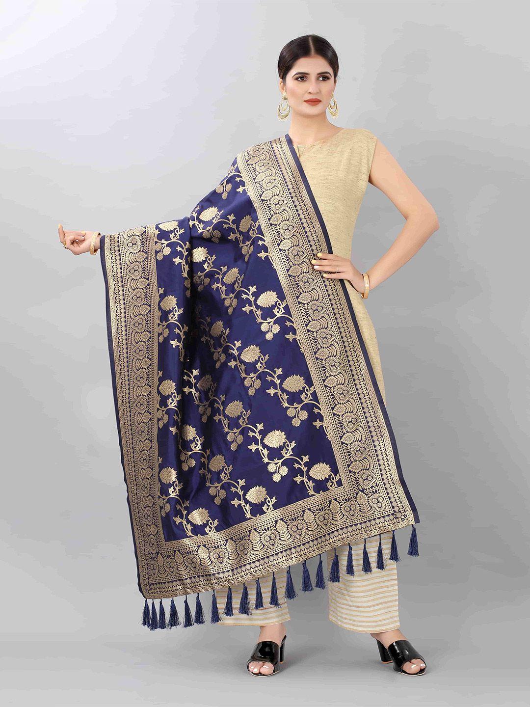 silk land navy blue & gold-toned woven design jacquared banarasi dupatta with zari