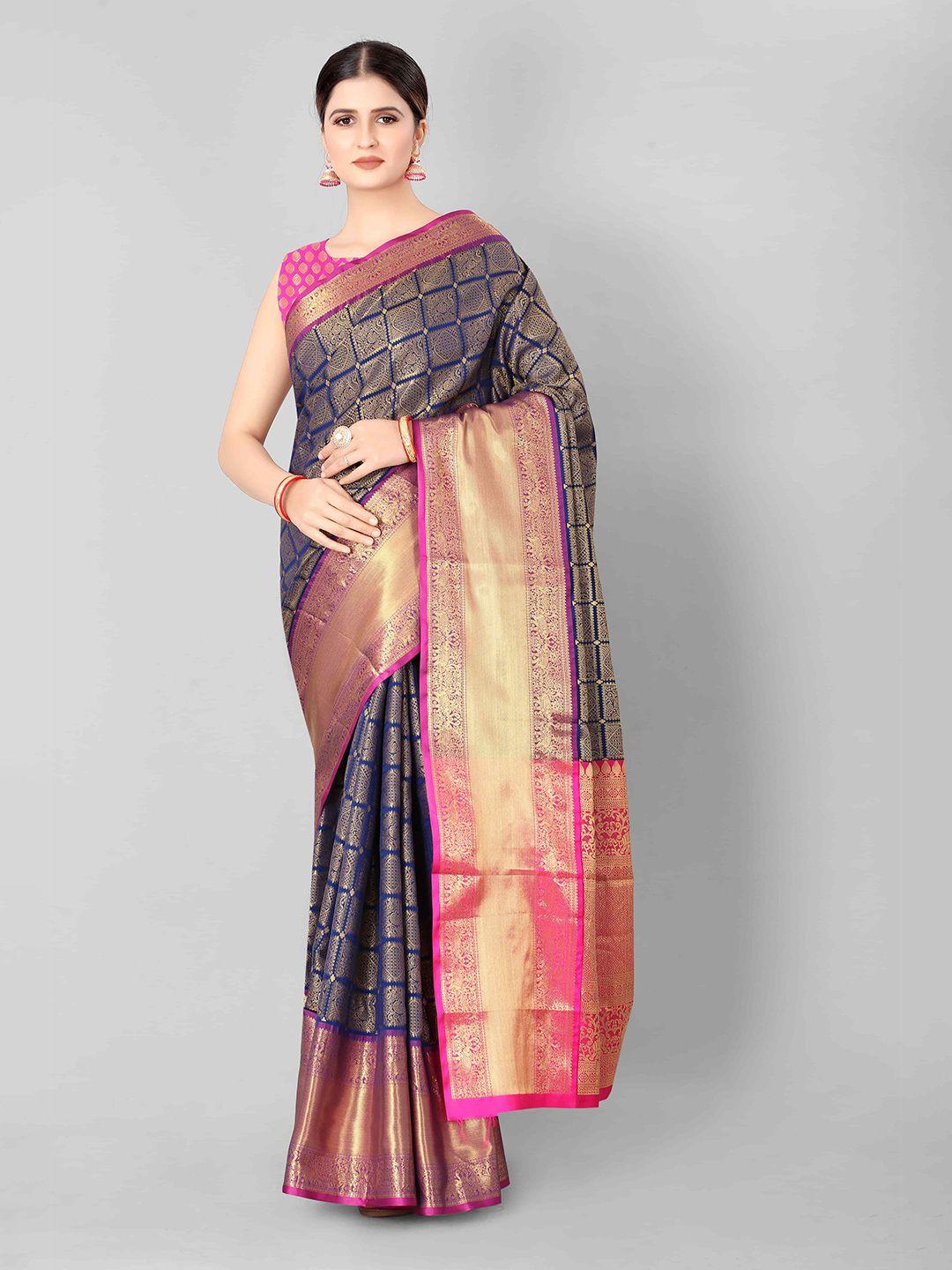 silk land navy blue & pink zari art silk banarasi saree