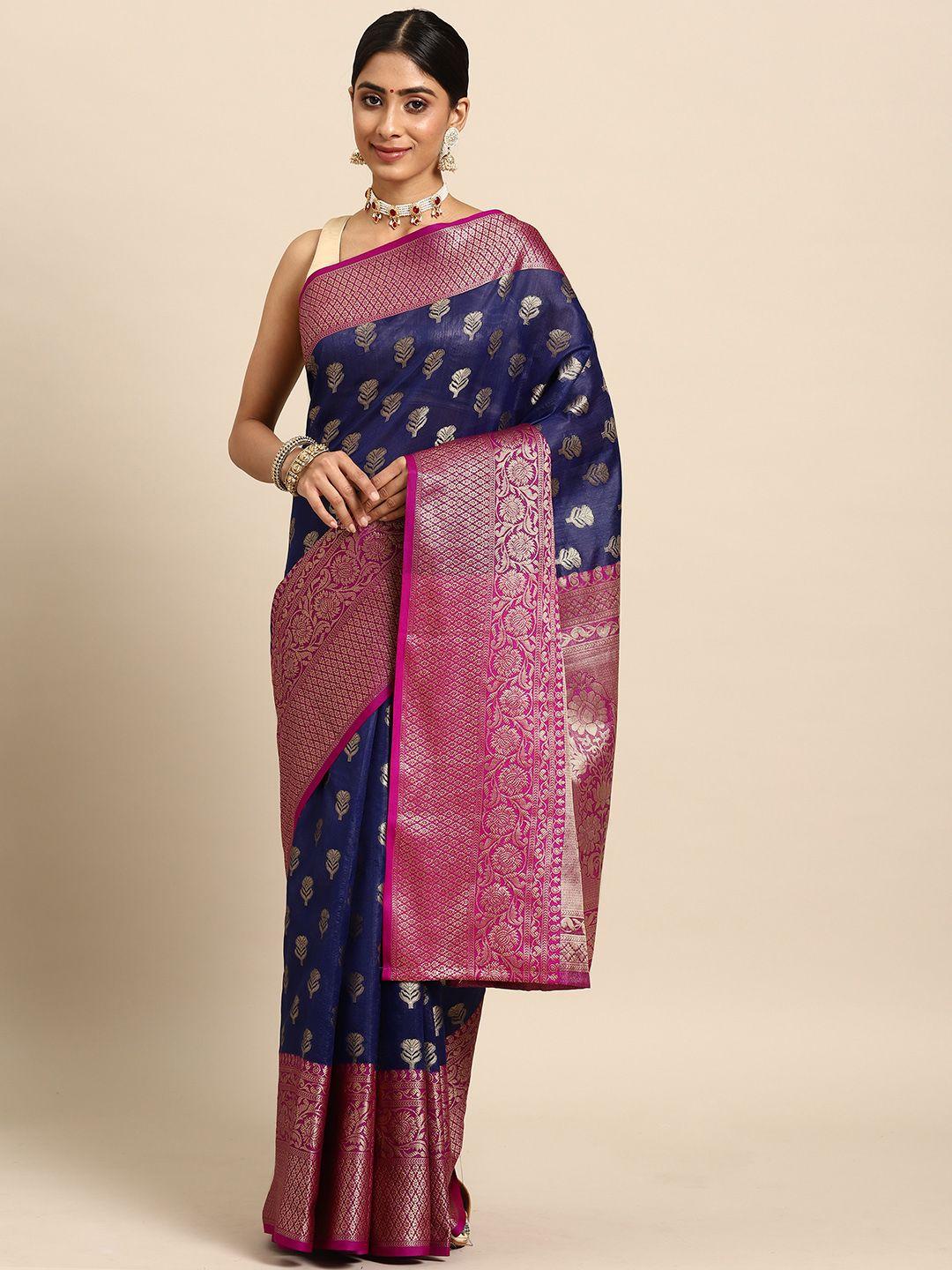 silk land navy blue & purple ethnic motifs zari art silk banarasi saree