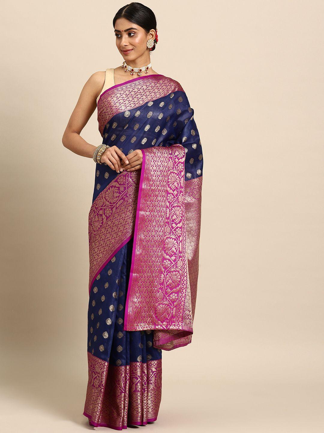 silk land navy blue & purple ethnic motifs zari art silk banarasi saree