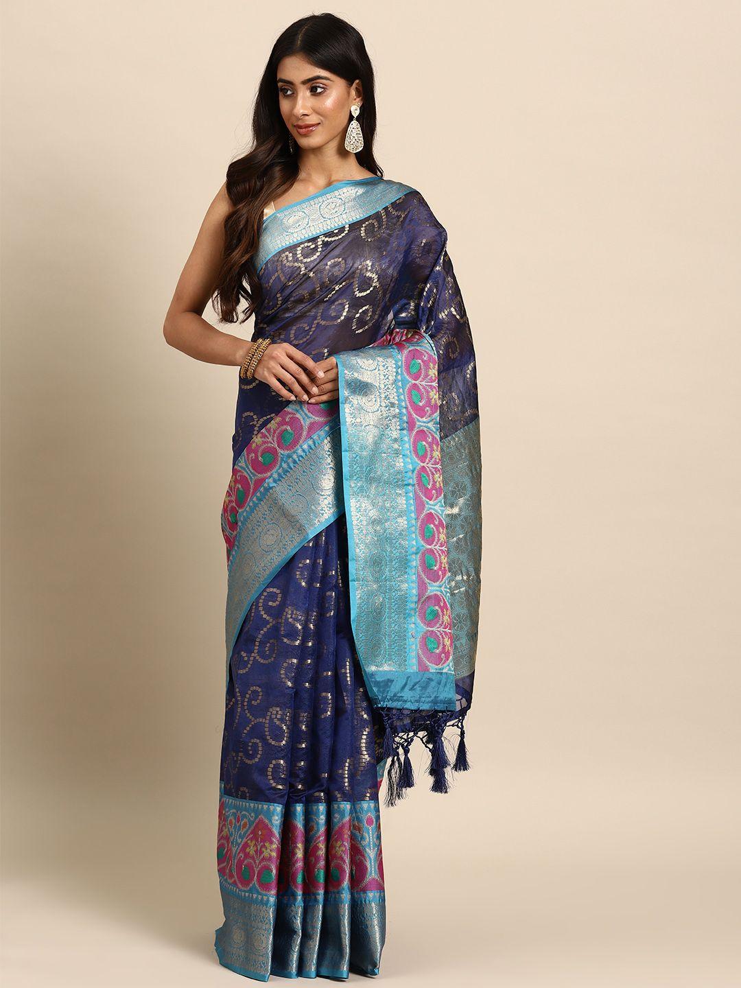 silk land navy blue floral zari silk blend banarasi saree