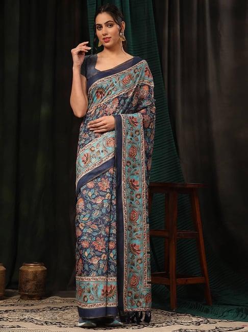 silk land navy floral print saree with blouse