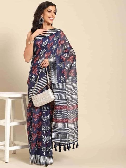 silk land navy printed saree with unstitched blouse