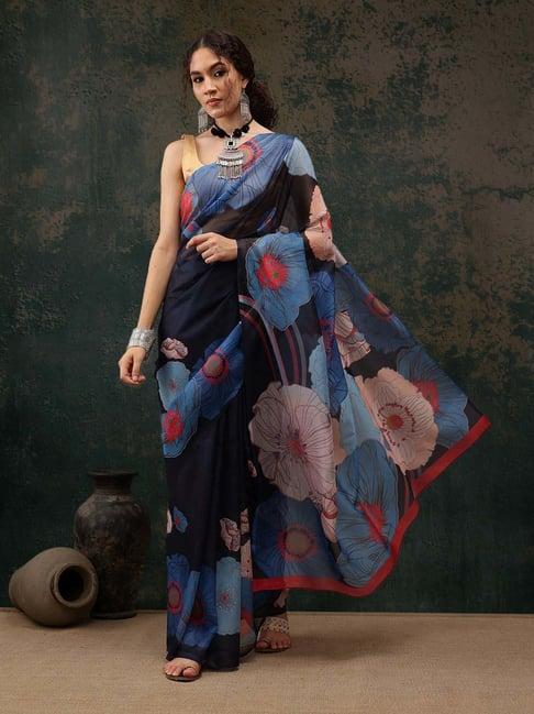 silk land navy printed saree with unstitched blouse