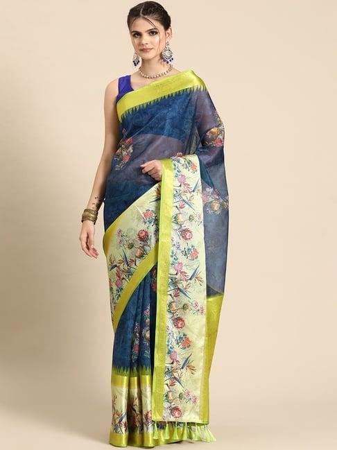 silk land navy silk floral print saree with blouse