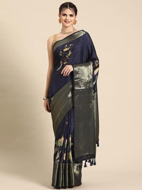 silk land navy silk floral print saree with blouse