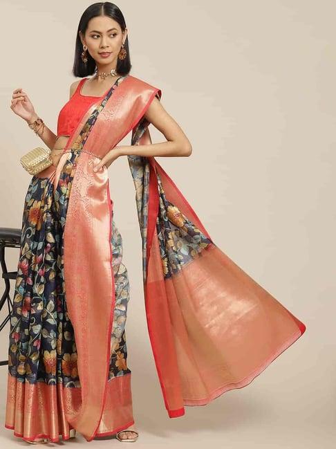 silk land navy silk floral print saree with unstitched blouse