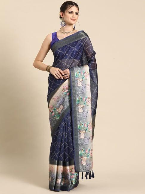 silk land navy silk printed saree with blouse