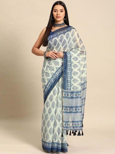 silk land off-white & blue printed saree with unstitched blouse