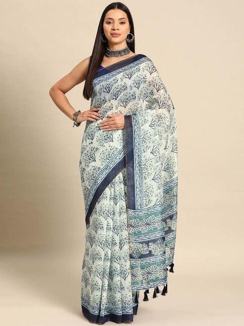 silk land off-white & blue printed saree with unstitched blouse