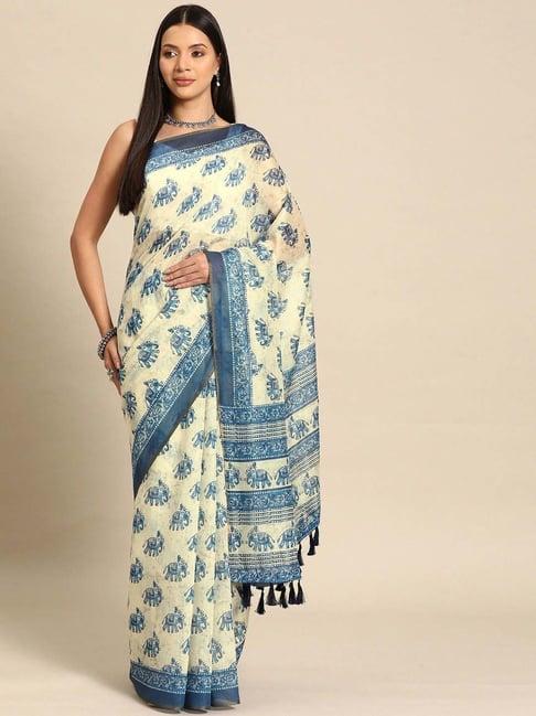 silk land off-white & blue printed saree with unstitched blouse