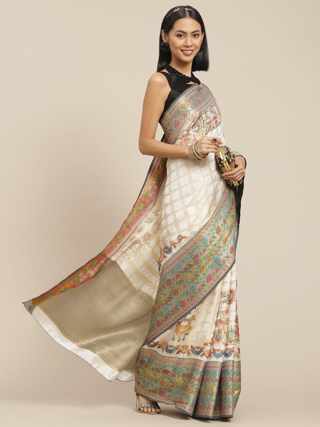 silk land off white & gold-toned checked zari pure silk kanjeevaram saree