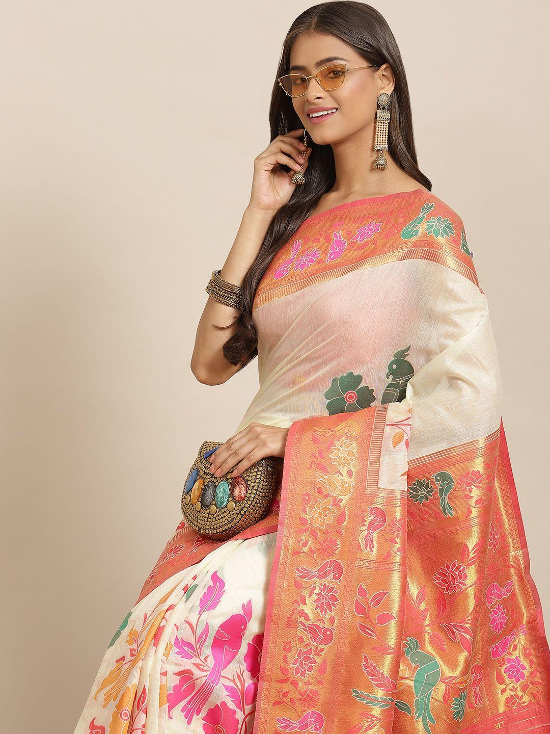 silk land off white & orange floral zari pure cotton jamdani saree