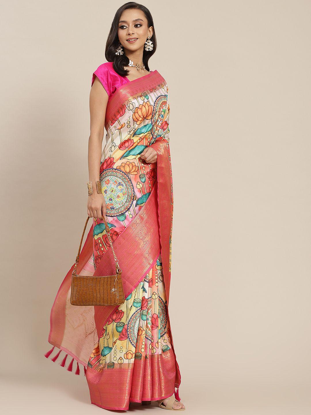 silk land off white & peach-coloured ethnic motifs zari art silk banarasi saree