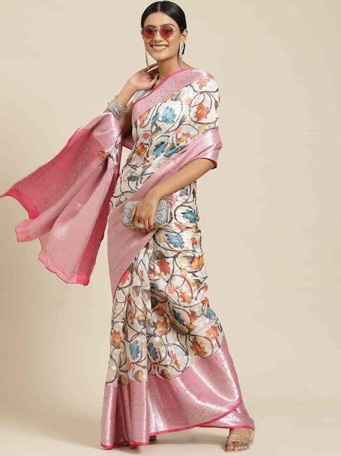 silk land off-white & pink silk floral print saree with unstitched blouse