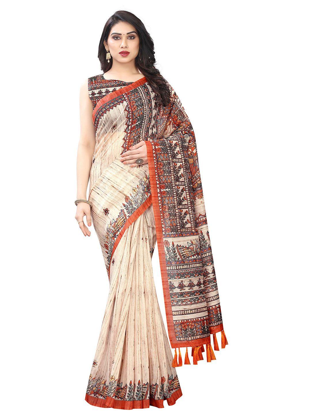 silk land off white & rust ethnic motifs pure cotton ikat saree