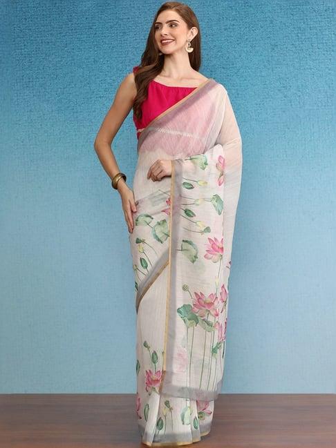 silk land off-white floral print saree with unstitched blouse