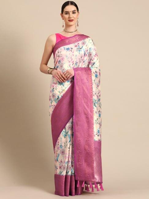 silk land off white silk floral saree with unstitched blouse